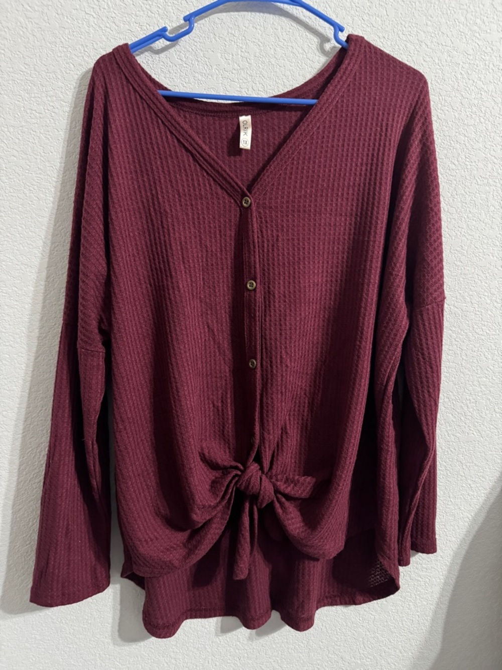 Waffle Knit V-Neck Tie-Front Sweater - Burgundy